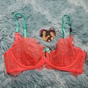 Victoria's Secret Very Sexy Orange Eyelash Lace Unlined Demi Bra 32 B